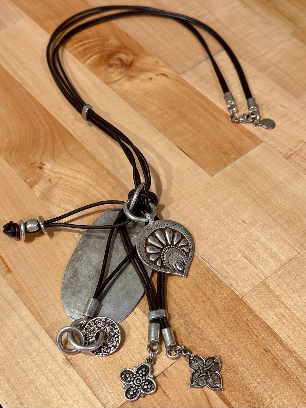 Brown Leather Multi-Charm Necklace with Silver Accents